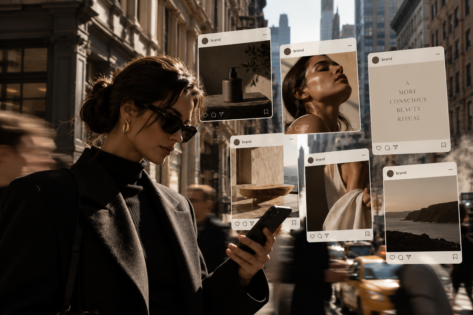 A creative director holding a phone surrounded by social media imagery
